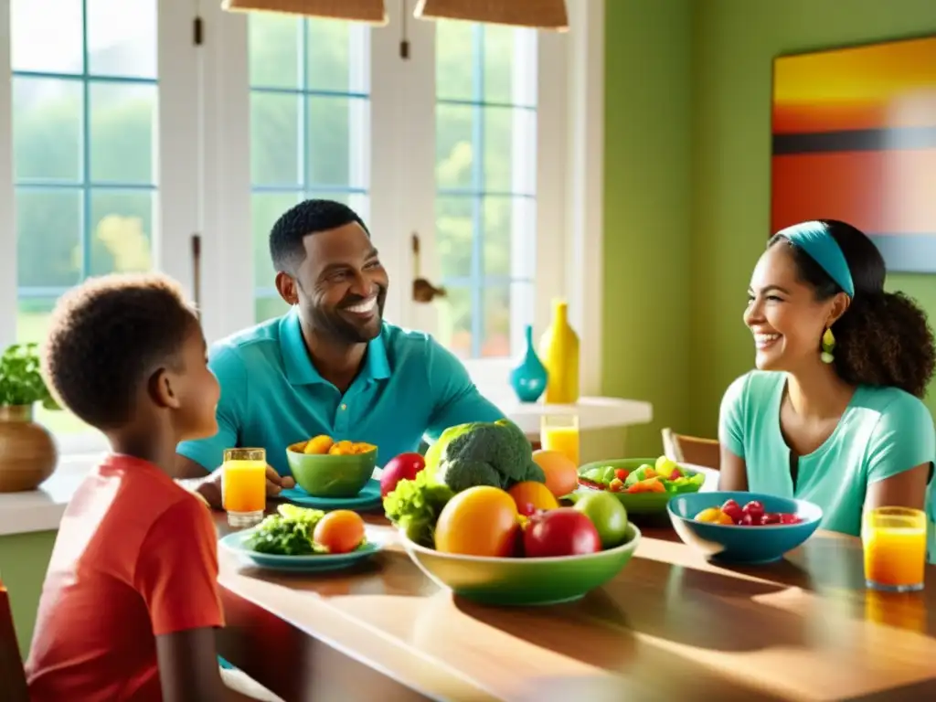 Una familia disfruta una comida saludable con frutas y verduras, creando un ambiente cálido y de unión