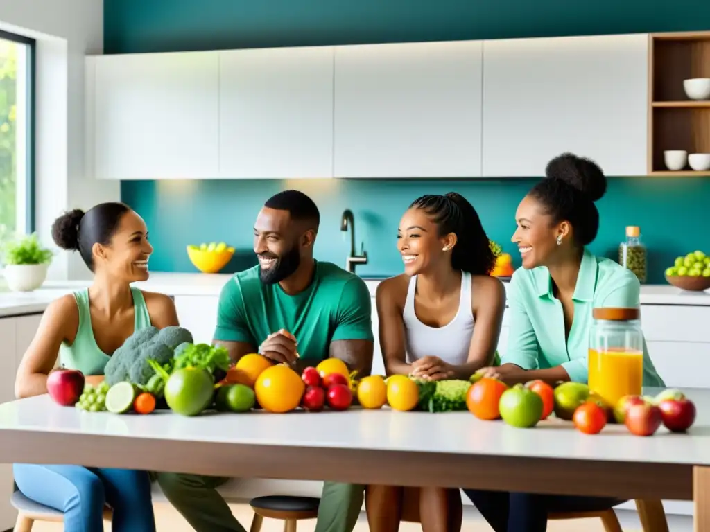 Una familia disfruta de una conversación animada en la cocina, rodeada de frutas, verduras y suplementos alimenticios