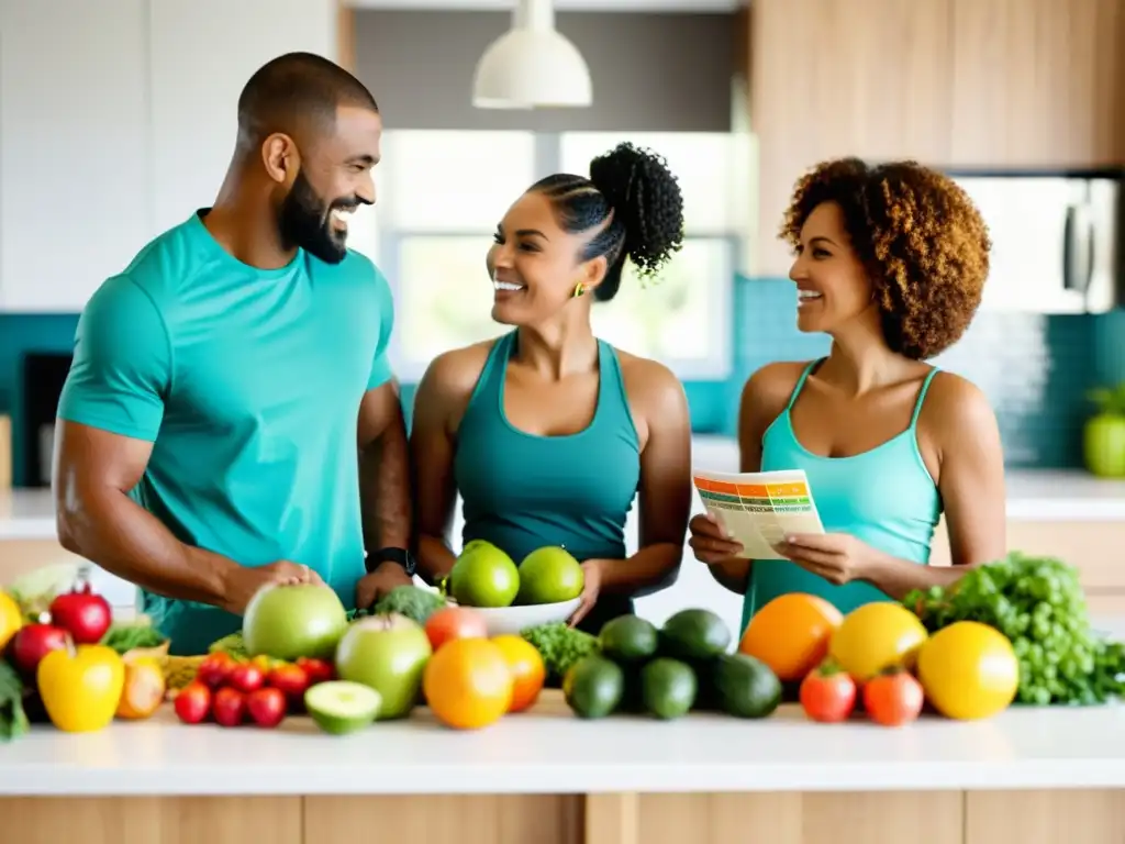 Una familia diversa planificando compras de suplementos en una cocina moderna y luminosa, rodeados de frutas y verduras frescas