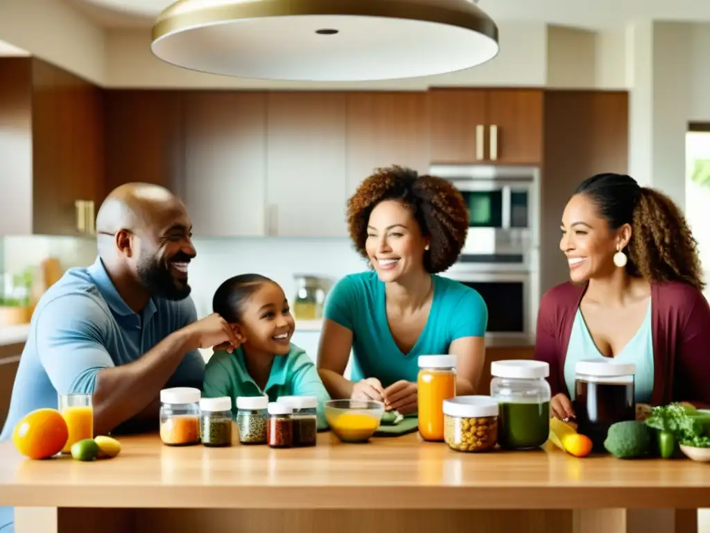 Una familia diversa se reúne alrededor de la mesa de la cocina, con suplementos y alimentos saludables organizados frente a ellos