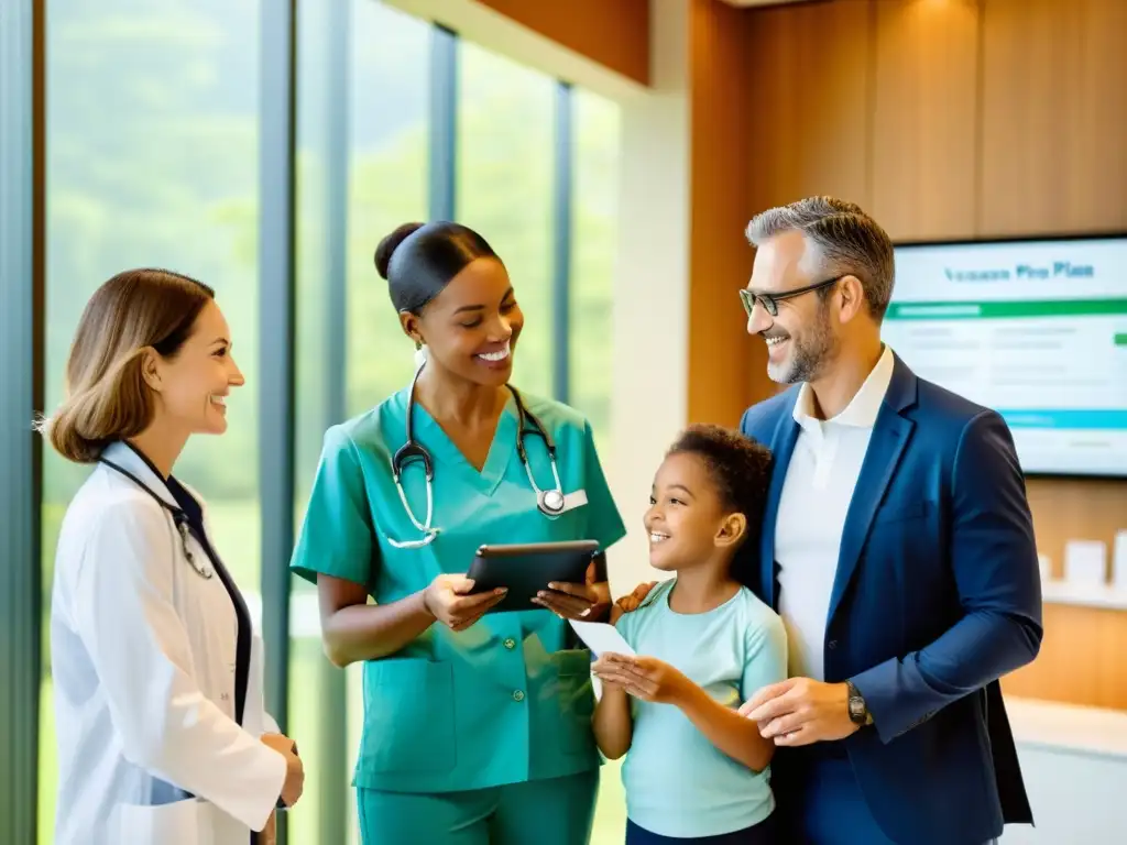 Una familia escucha atentamente al experto en un consultorio médico moderno, discutiendo opciones de vacunas y seguros de forma cálida y reconfortante