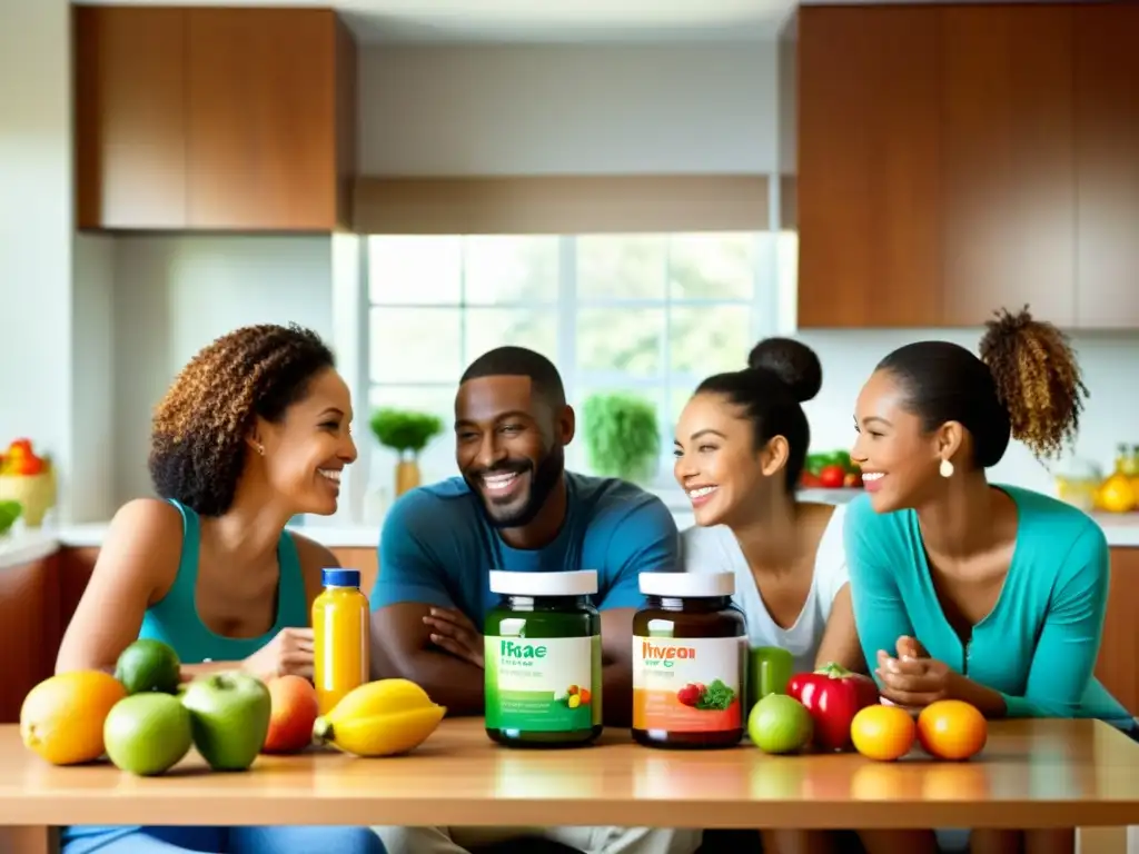 Una familia feliz compartiendo suplementos en la mesa de la cocina, rodeados de alimentos saludables