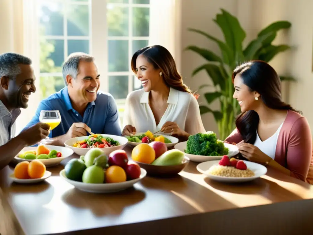 Una familia moderna disfruta de una comida colorida y nutritiva juntos