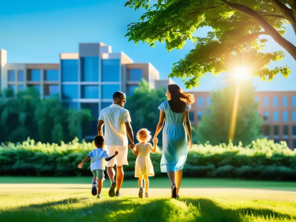 Una familia disfruta de la naturaleza en un campo verde, transmitiendo vitalidad y felicidad