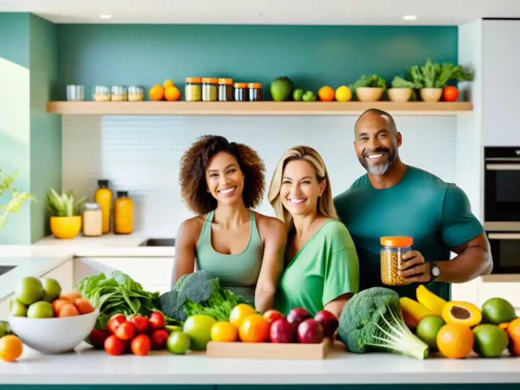 Una familia sonriente prepara alimentos en una cocina luminosa y moderna, con frutas, verduras y suplementos organizados