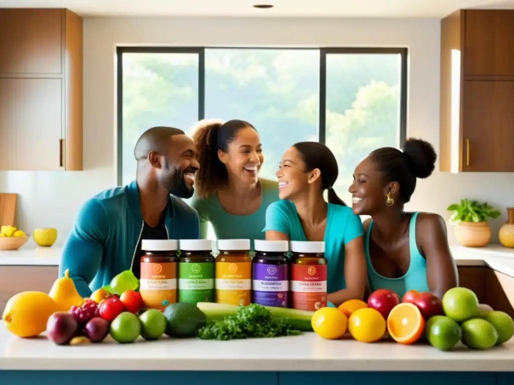 Una familia sonriente en una cocina soleada rodeada de frutas, verduras y suplementos