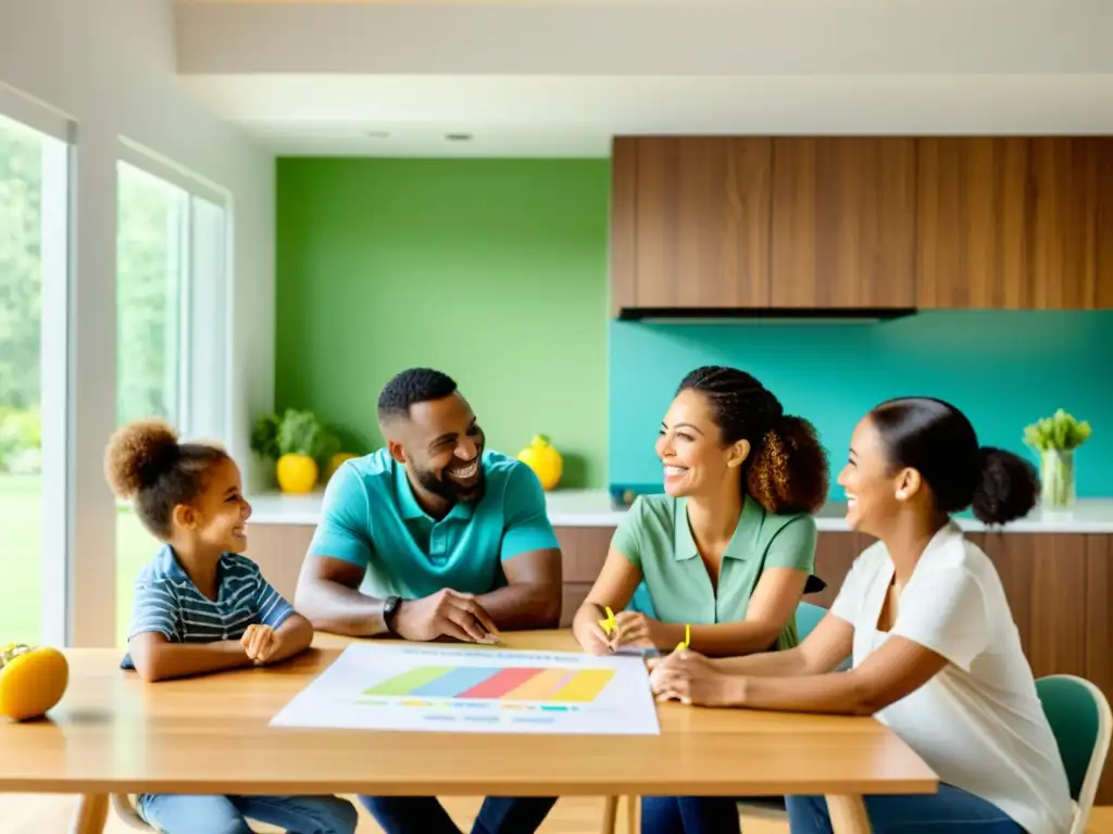 Una familia sonriente en la mesa, con comidas coloridas, en una cocina amplia y luminosa