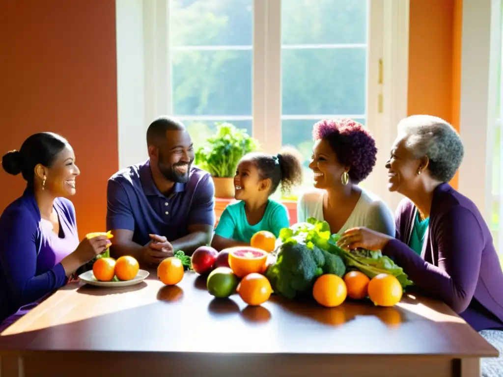 Una familia disfruta de una variedad de frutas y verduras mientras conversan animadamente en torno a la mesa