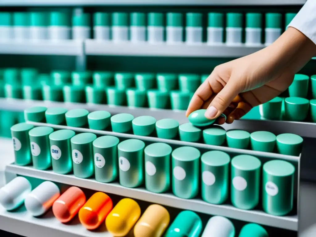 Un farmacéutico cuenta con precisión píldoras de colores variados en una farmacia moderna y luminosa