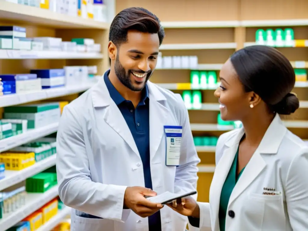 Farmacéutico explicando reembolso medicamentos inmunomoduladores en moderna farmacia, transmitiendo profesionalismo y alivio al cliente