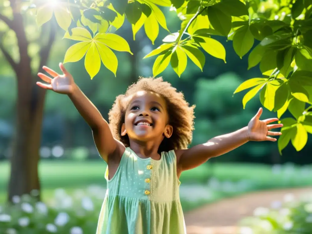 Niño feliz jugando al aire libre en un parque verde rodeado de árboles y flores, celebrando la naturaleza