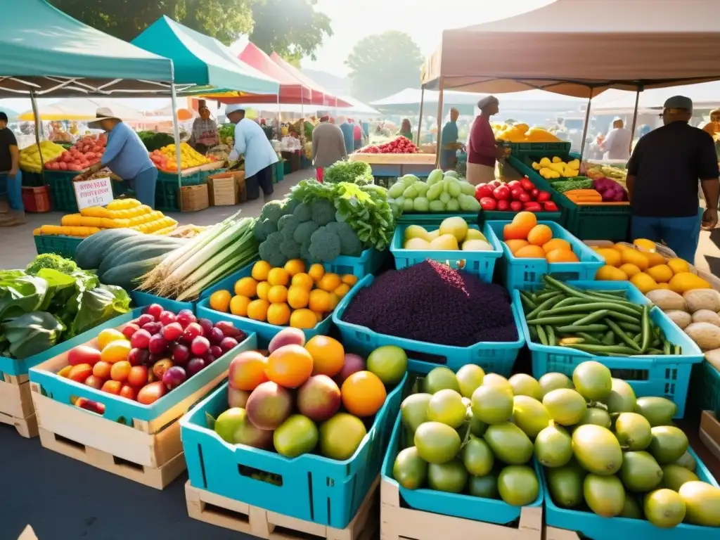 Una feria de granjeros vibrante y colorida con frutas y verduras frescas, detalladas y abundantes