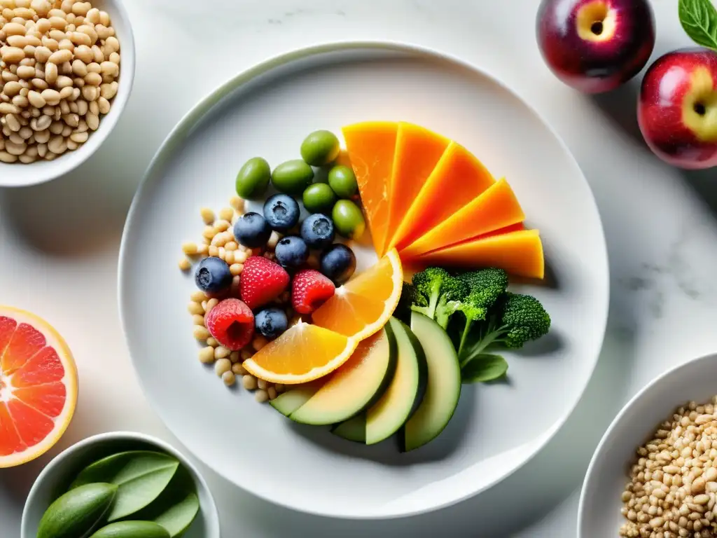 Un festín de alimentos prebióticos para perder peso, coloridos y apetitosos en un plato blanco moderno, rodeado de frutas y verduras frescas