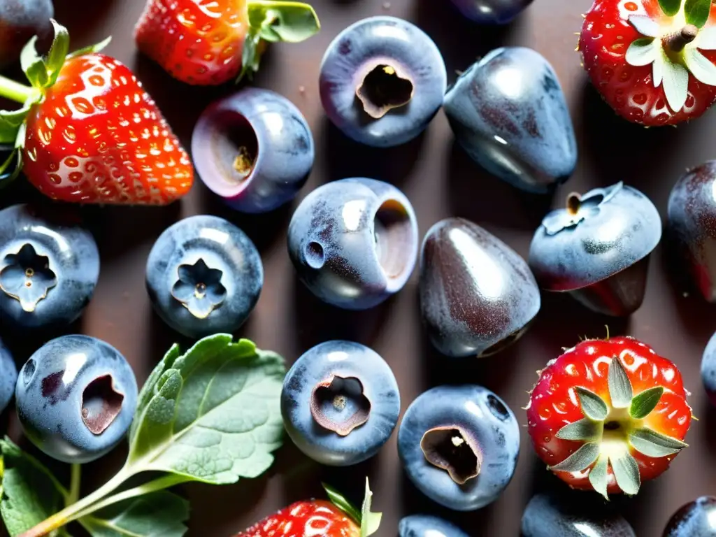 Un festín de alimentos ricos en antioxidantes para sistema inmunológico: arándanos, fresas, kale y chocolate, brillantes y deliciosos