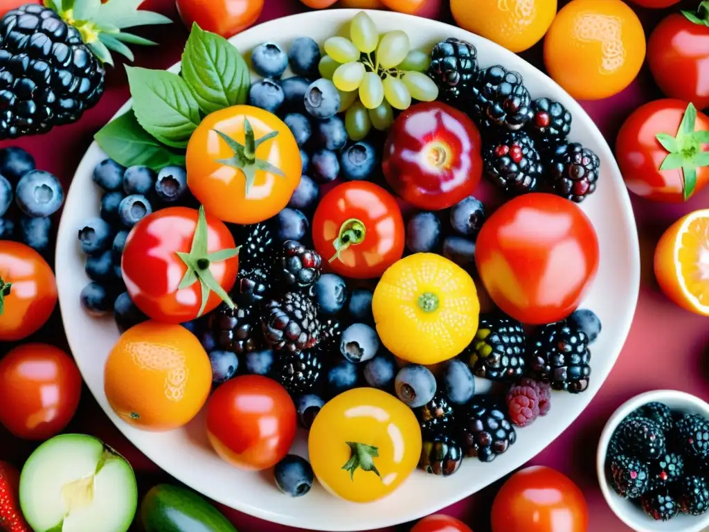 Un festín de frutas y verduras antioxidantes, frescas y jugosas, en un despliegue vibrante que evoca un mercado bullicioso