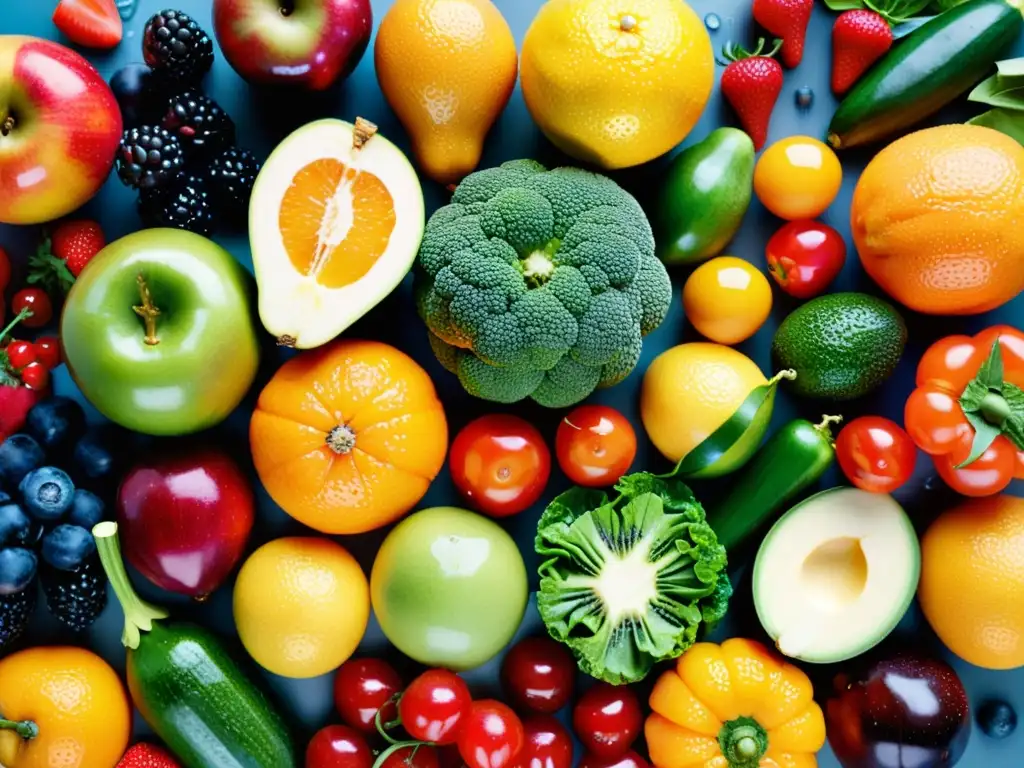 Un festín de frutas y verduras coloridas y frescas, con gotas de agua brillantes