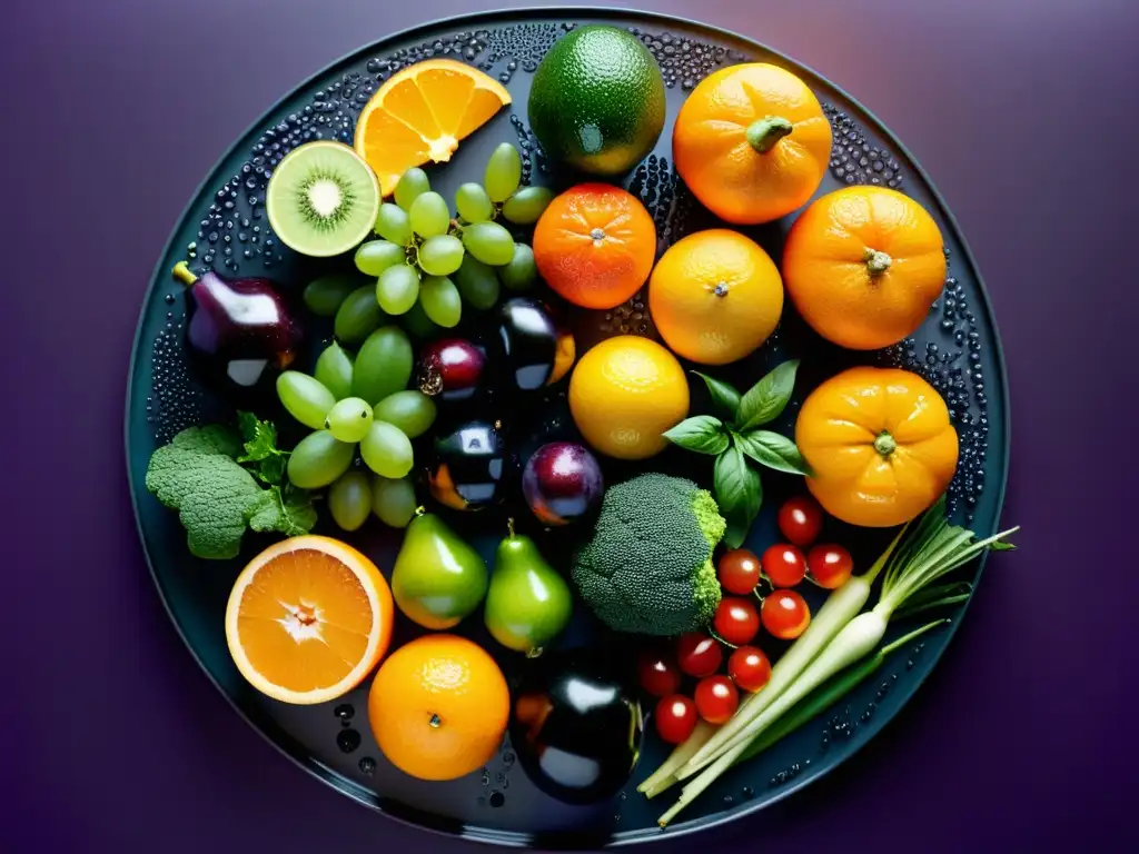 Un festín de frutas y verduras frescas y coloridas dispuestas en círculo, brillantes con gotas de agua