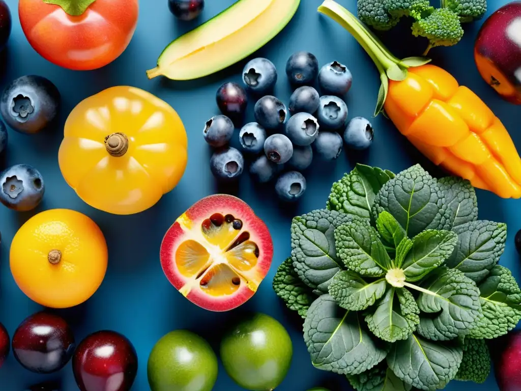 Un festín de frutas y verduras vibrantes, resaltando la diversidad y la belleza natural