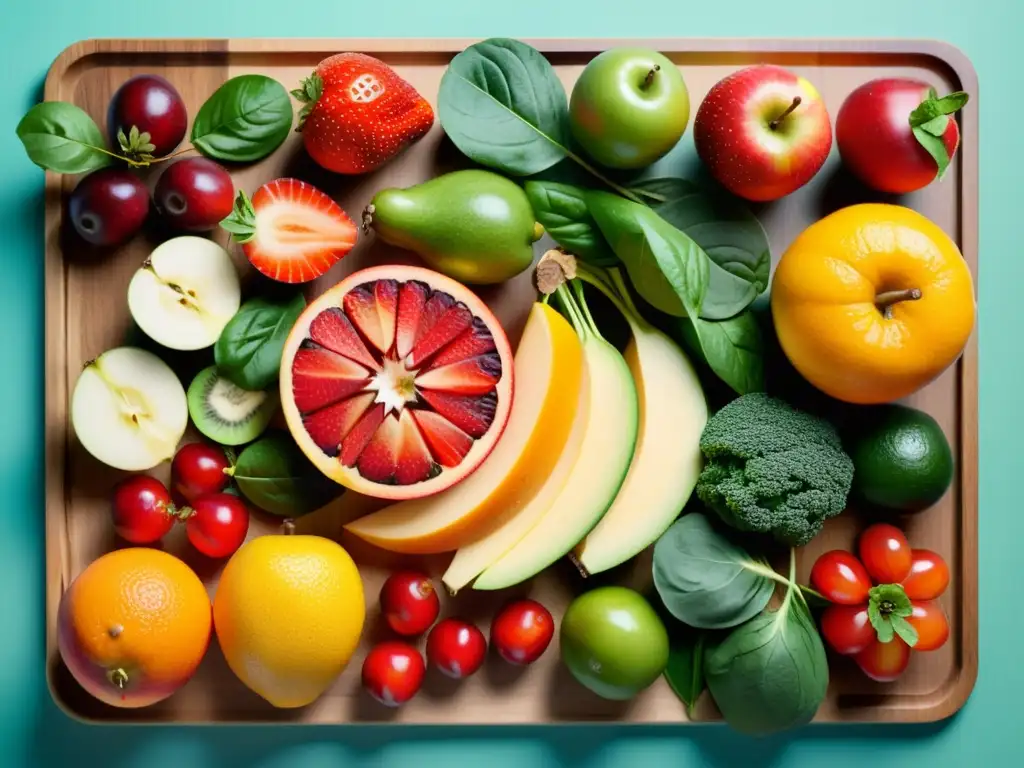 Un festín visual de frutas y vegetales frescos, perfectamente cortados en una tabla de madera