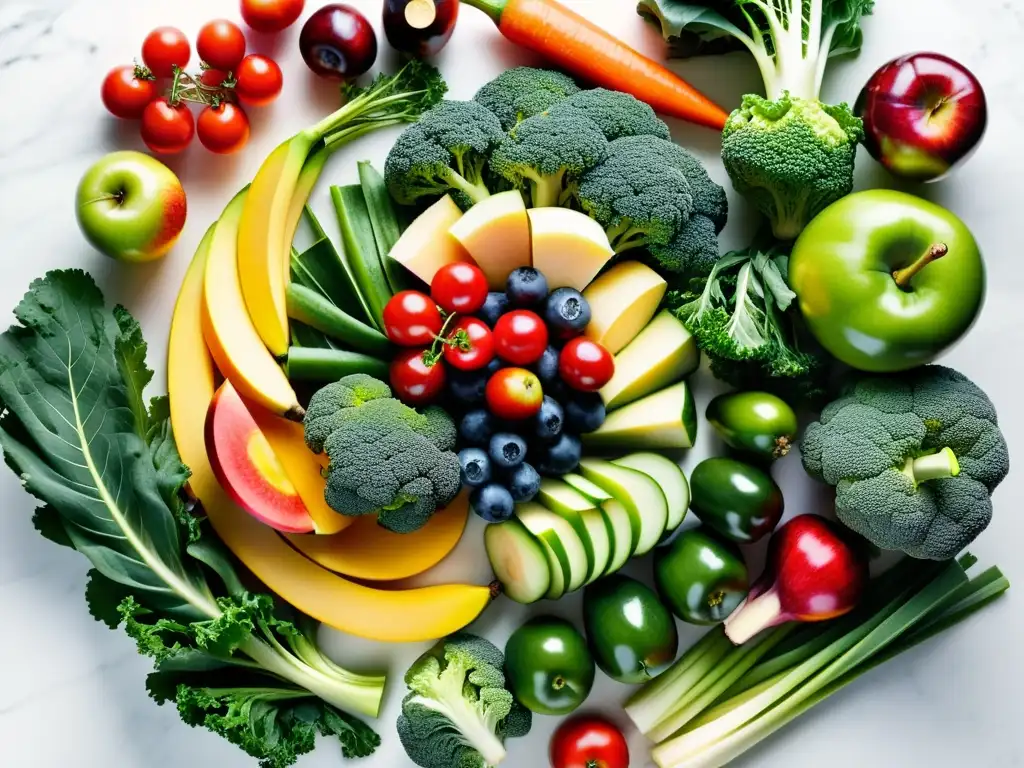 Un festín visual de frutas y verduras en espiral sobre mármol blanco