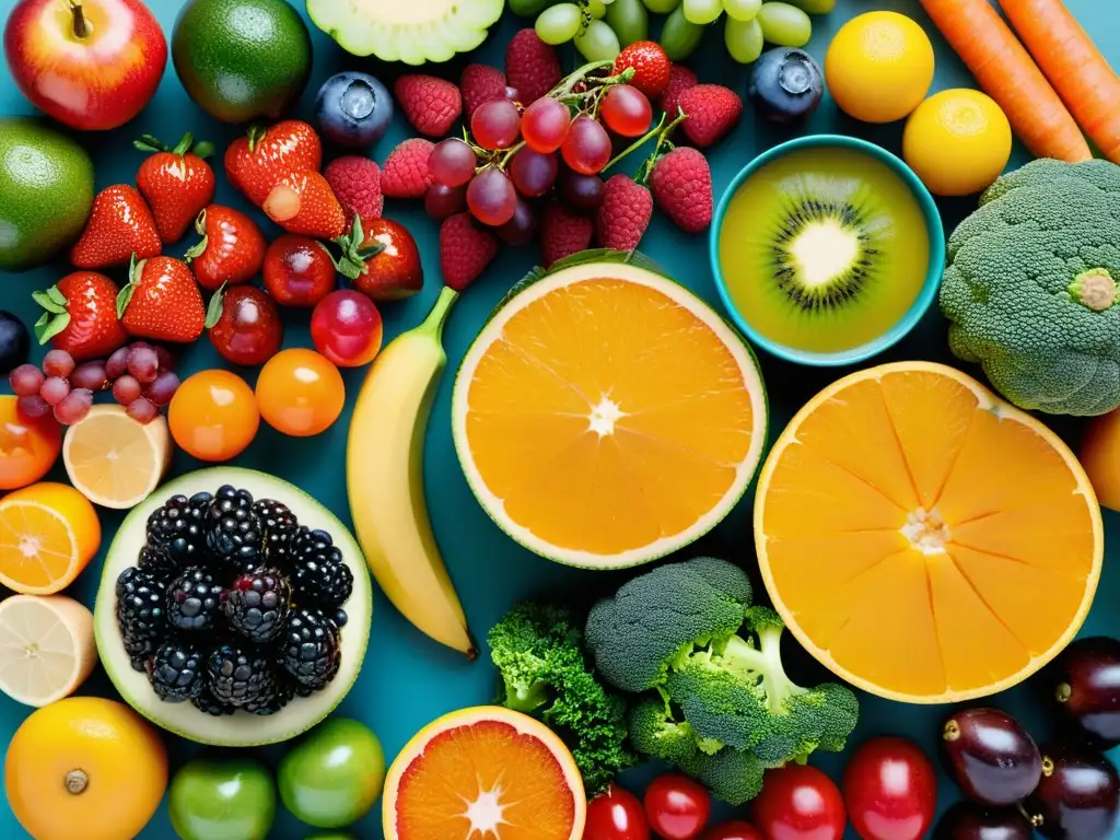 Un festín visual de frutas y verduras, destacando sus vivos colores y texturas