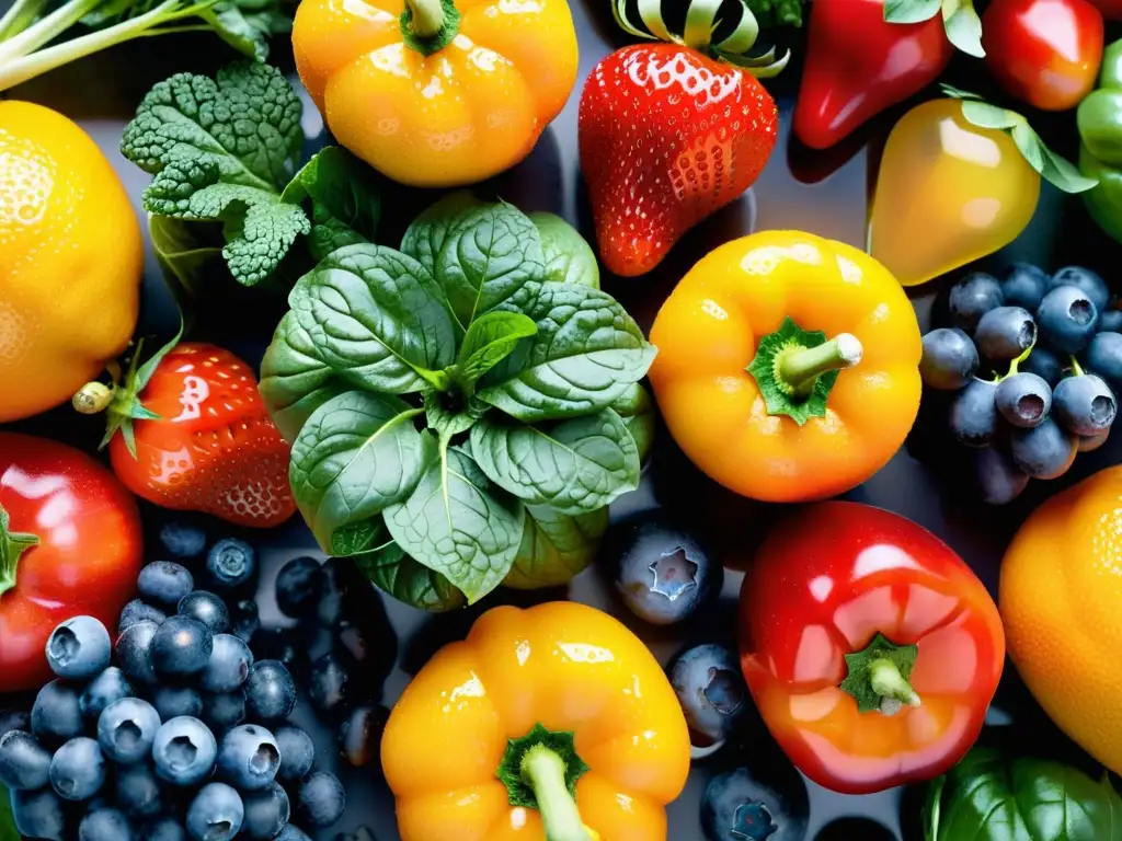 Un festín visual de frutas y verduras frescas brillantes con gotas de agua, ideal para recetas para potenciar la inmunidad