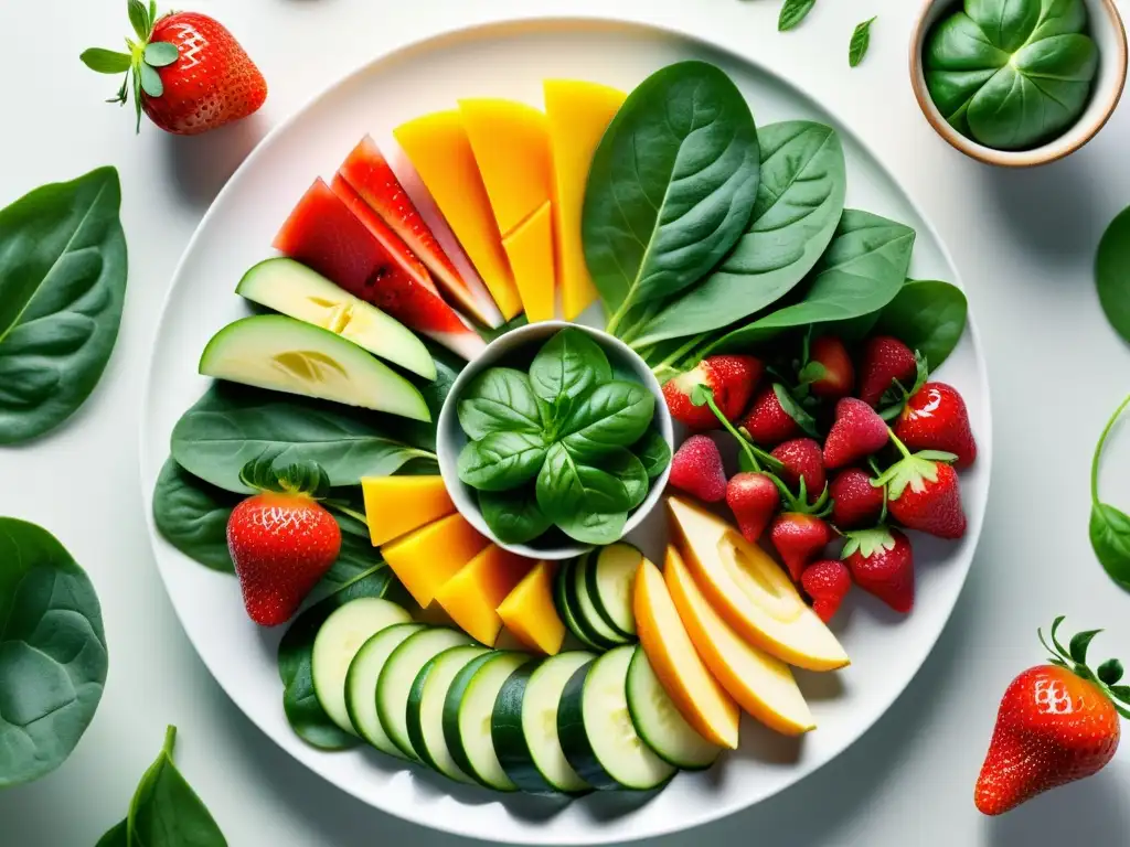 Un festín visual de frutas y verduras frescas, vibrantes y coloridas, dispuestas con cuidado en un plato blanco moderno