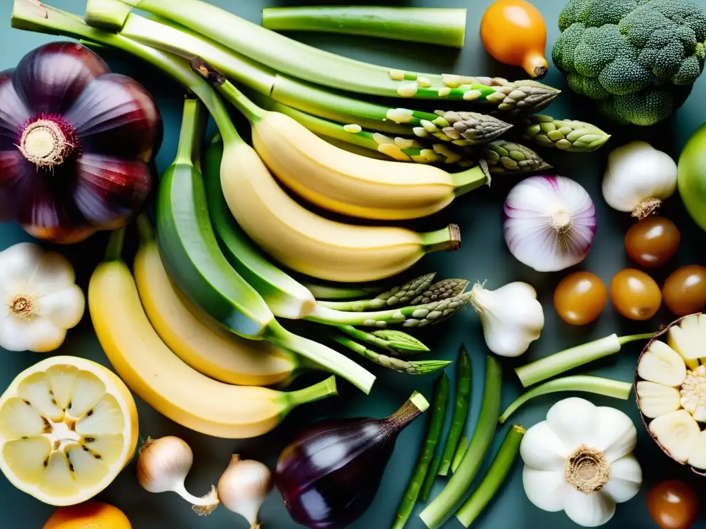 Un festín visual de frutas y verduras vibrantes resaltando el papel prebiótico en la salud inmunológica