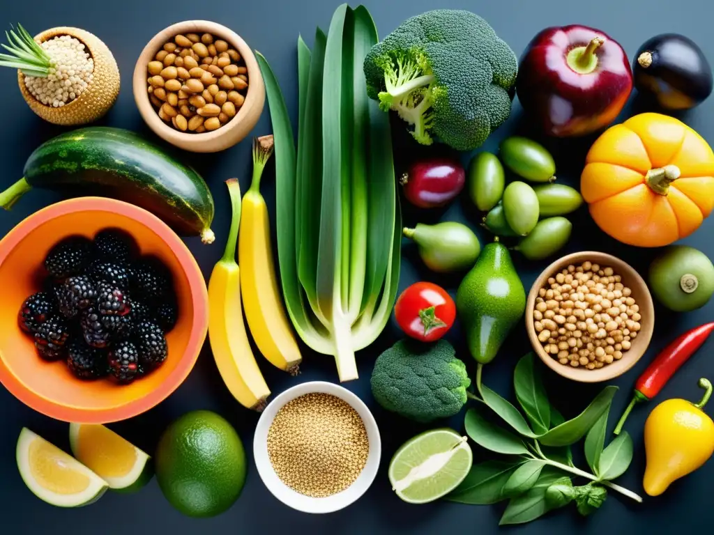 Un festín visual de frutas, verduras, granos enteros y legumbres, evocando frescura y abundancia