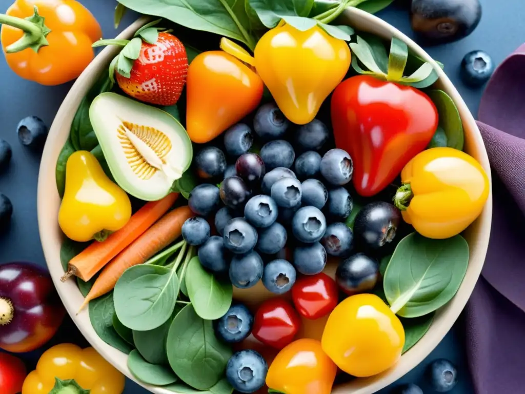 Un festín visual de frutas y verduras frescas, iluminadas con suavidad, resaltando colores vibrantes y nutrición