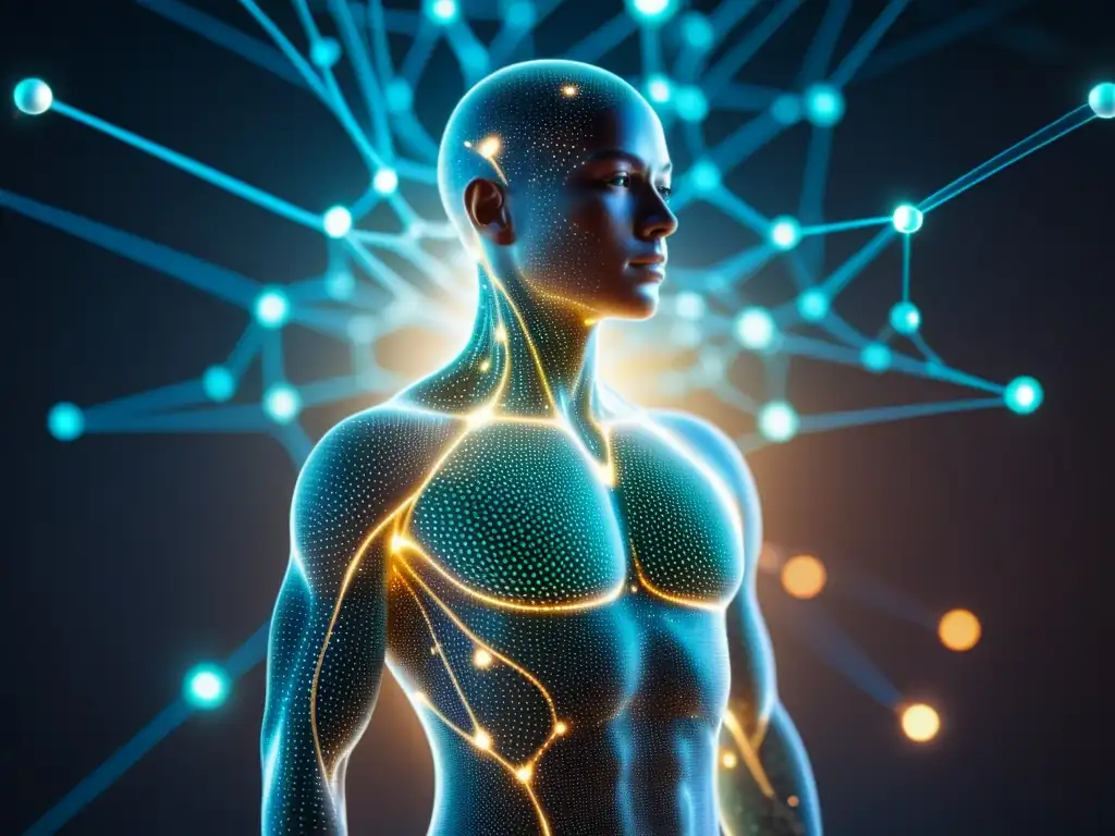 Una figura humana futurista translúcida rodeada de datos brillantes, representando patrones ocultos en salud humana con un diseño moderno y elegante