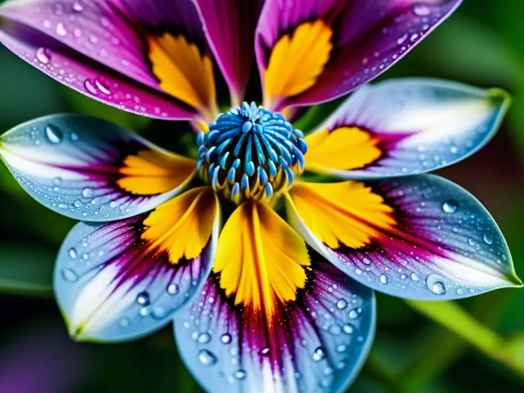 Una flor vibrante en primer plano con gotas de agua, reflejando la luz