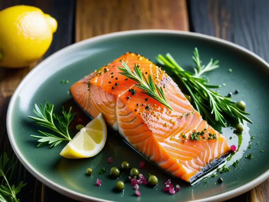 Un fresco y vibrante filete de salmón en un plato blanco, con hierbas y limón