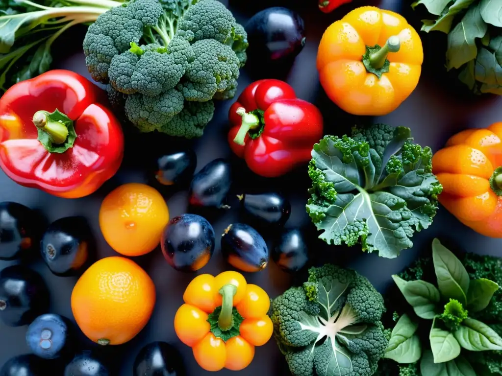 Un fresco y vibrante surtido de frutas y verduras con gotas de agua, ideal para suplementos para fortalecer sistema inmunológico