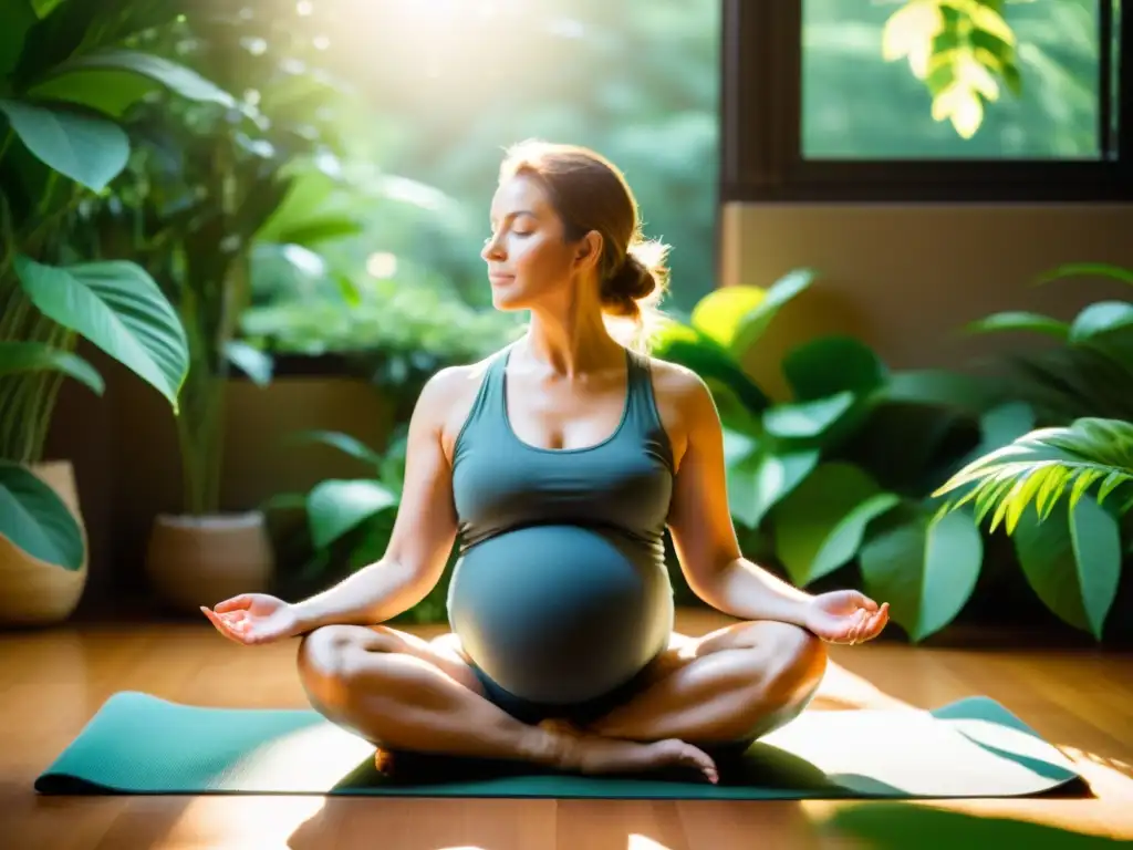 Una futura madre practica yoga prenatal entre la exuberante vegetación, irradiando calma y vitalidad