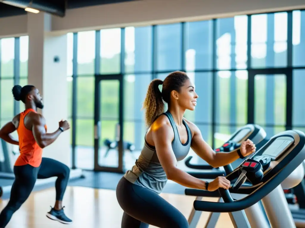 Un gimnasio moderno con gente activa realizando ejercicio, promoviendo la salud y el bienestar