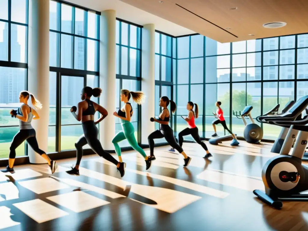 Un gimnasio vibrante y moderno con gente realizando diversas formas de ejercicio físico