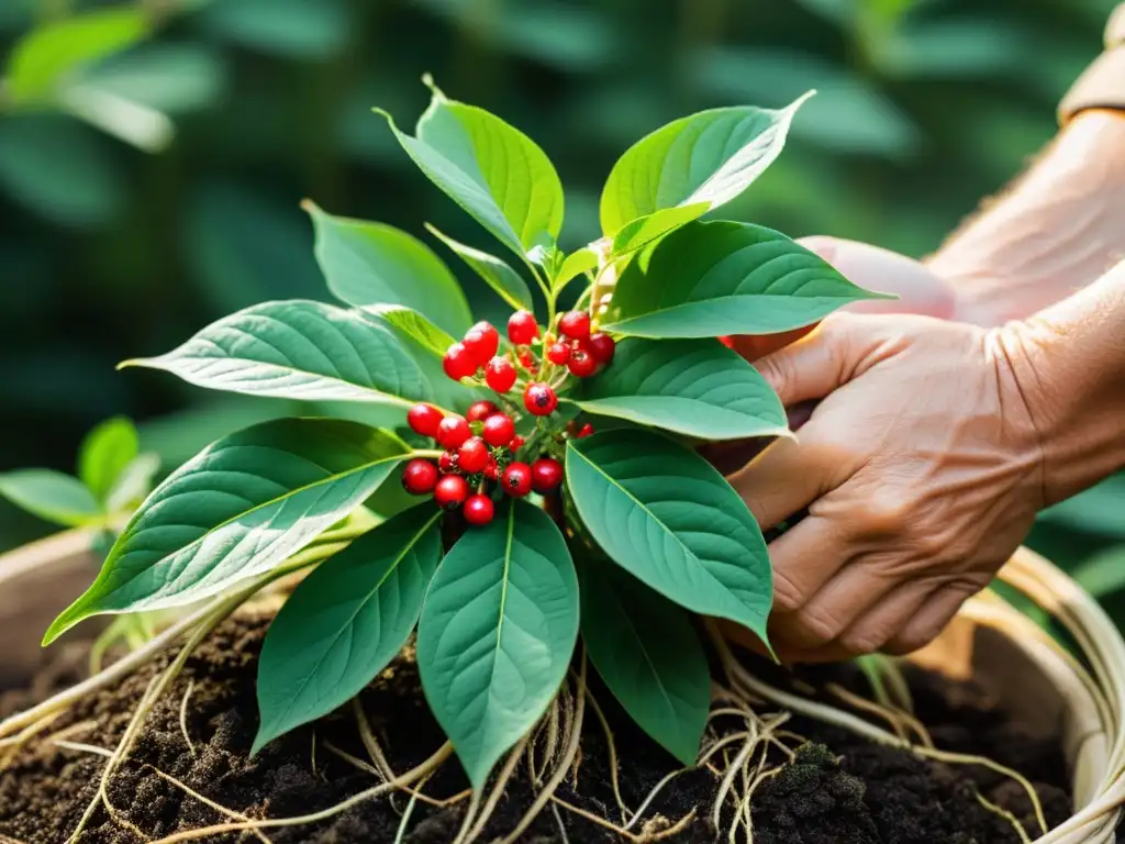 Un ginseng vibrante y detallado es cosechado con cuidado, transmitiendo sabiduría tradicional y curación natural