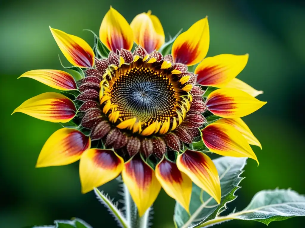 Un girasol radiante con gotas de rocío, destacando su estructura detallada