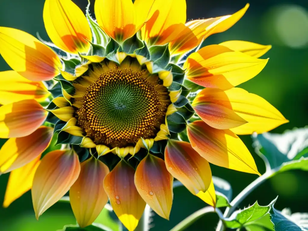 Un girasol vibrante con gotas de rocío sobre sus pétalos, rodeado de exuberante follaje verde