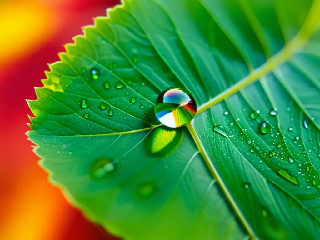 Una gota de agua cristalina en una hoja verde vibrante, con patrones de gotas de agua y delicadas estructuras