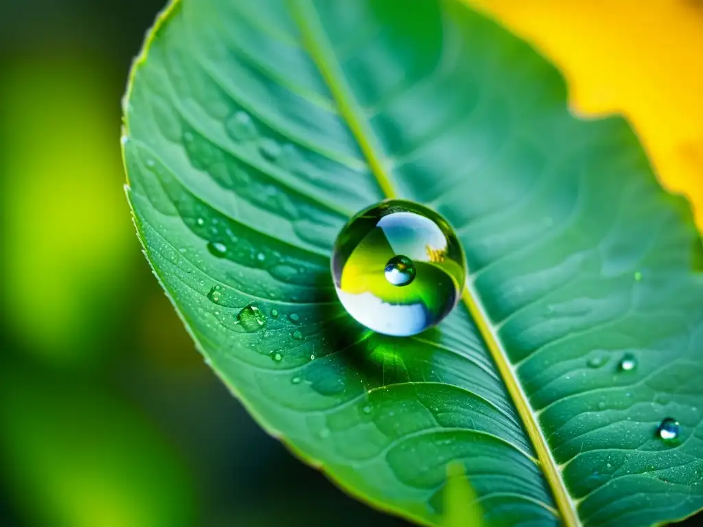 Una gota de agua pura suspendida en el aire, rodeada de exuberante vegetación