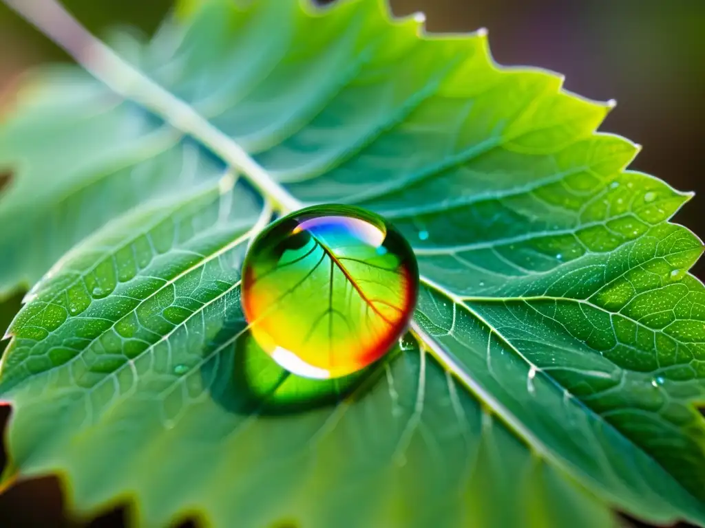 Una gota de agua transparente en una hoja verde, con reflejos de arcoíris