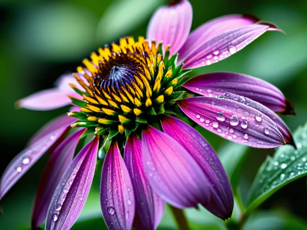 La equinácea púrpura con gotas de rocío, resaltando su belleza natural