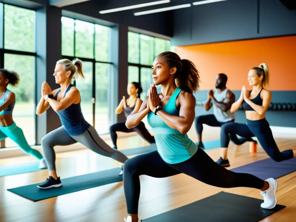 Grupo de adultos diversos haciendo ejercicio en un gimnasio moderno