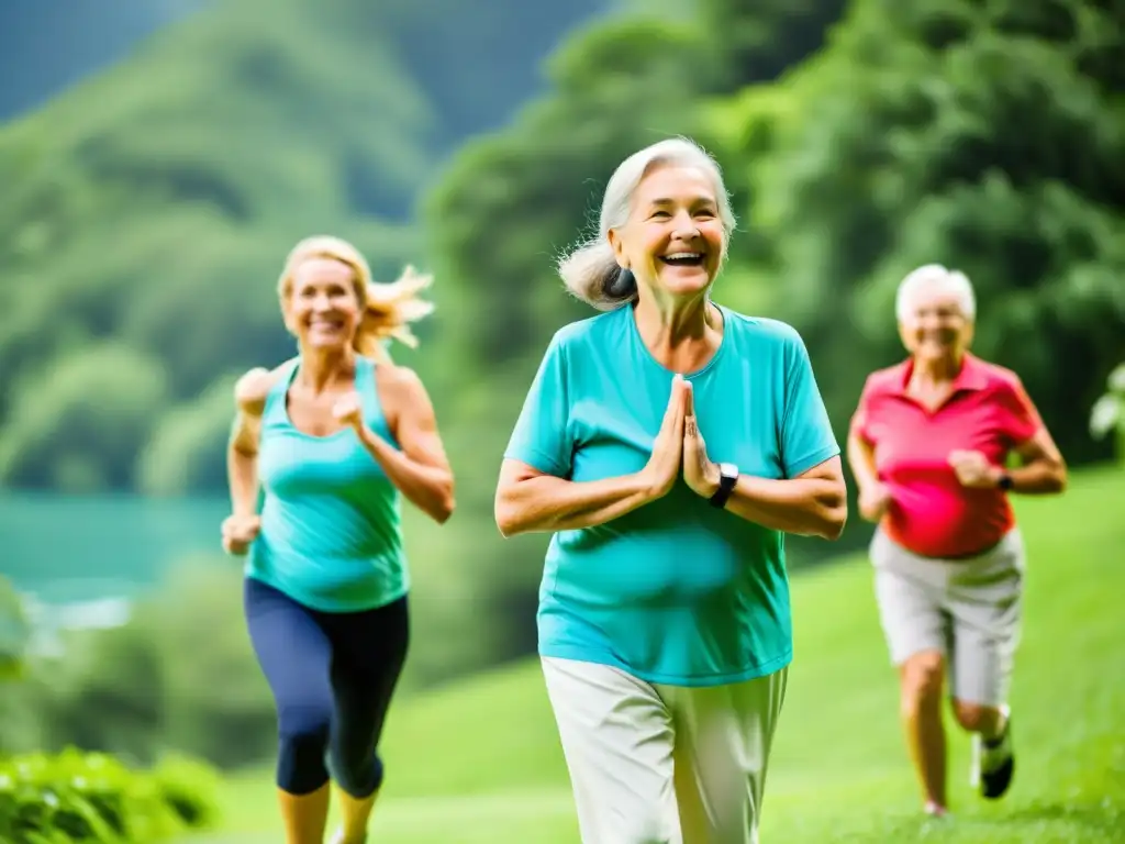 Un grupo de adultos mayores disfrutando de actividades al aire libre como senderismo, yoga y natación, rodeados de exuberante vegetación