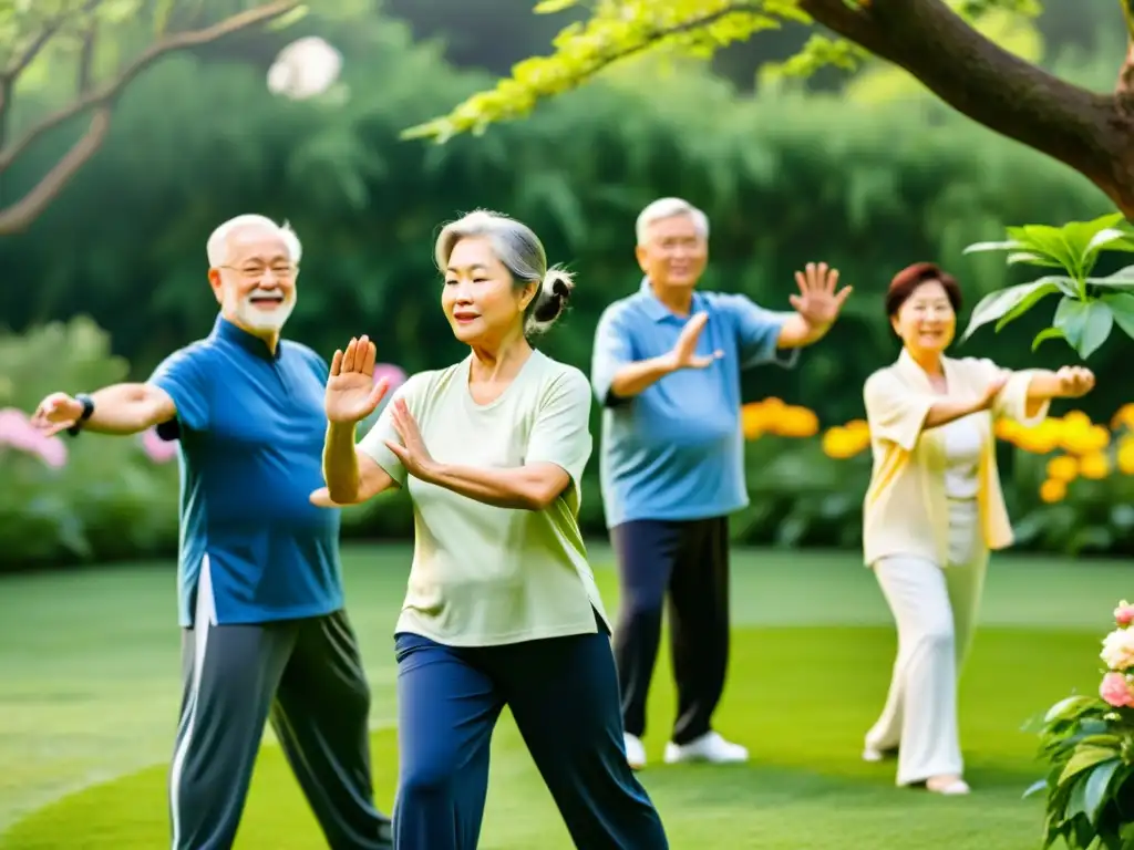 Un grupo de adultos mayores practicando tai chi en un jardín tranquilo, rodeados de exuberante vegetación y flores vibrantes