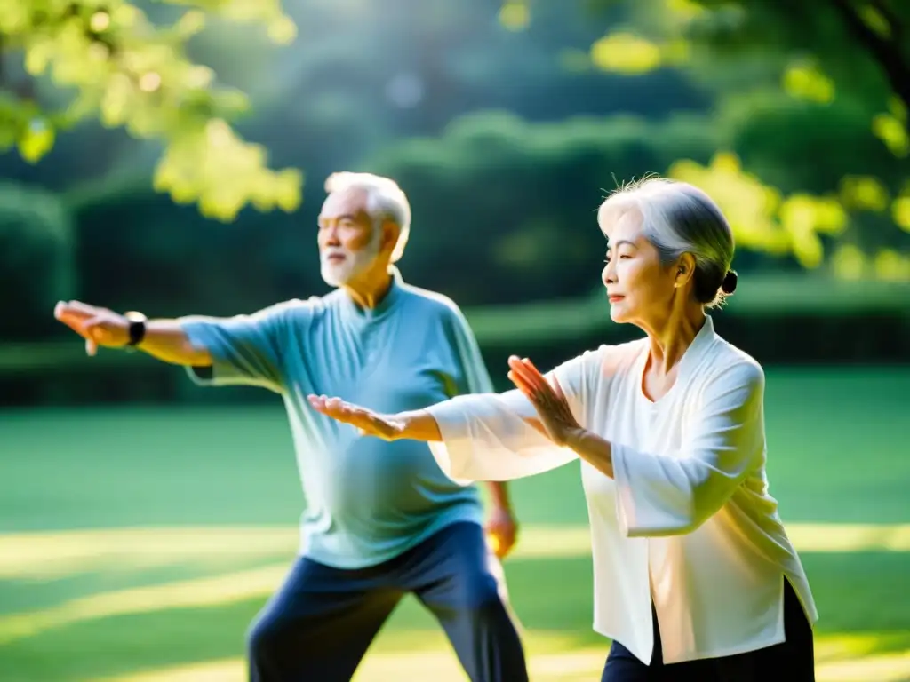 Grupo de adultos mayores practicando tai chi en un parque sereno