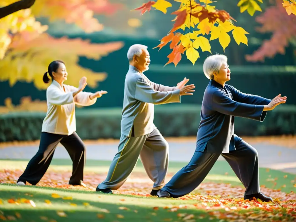 Grupo de adultos mayores practicando tai chi al aire libre en un jardín tranquilo con hojas de otoño