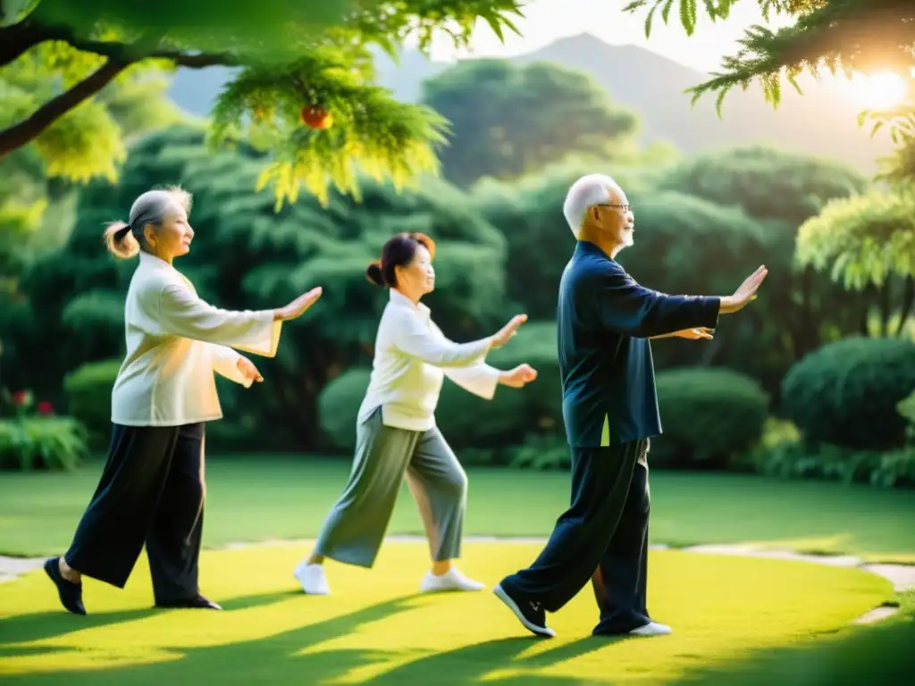 Grupo de adultos mayores practicando tai chi en un jardín sereno, transmitiendo equilibrio y fuerza